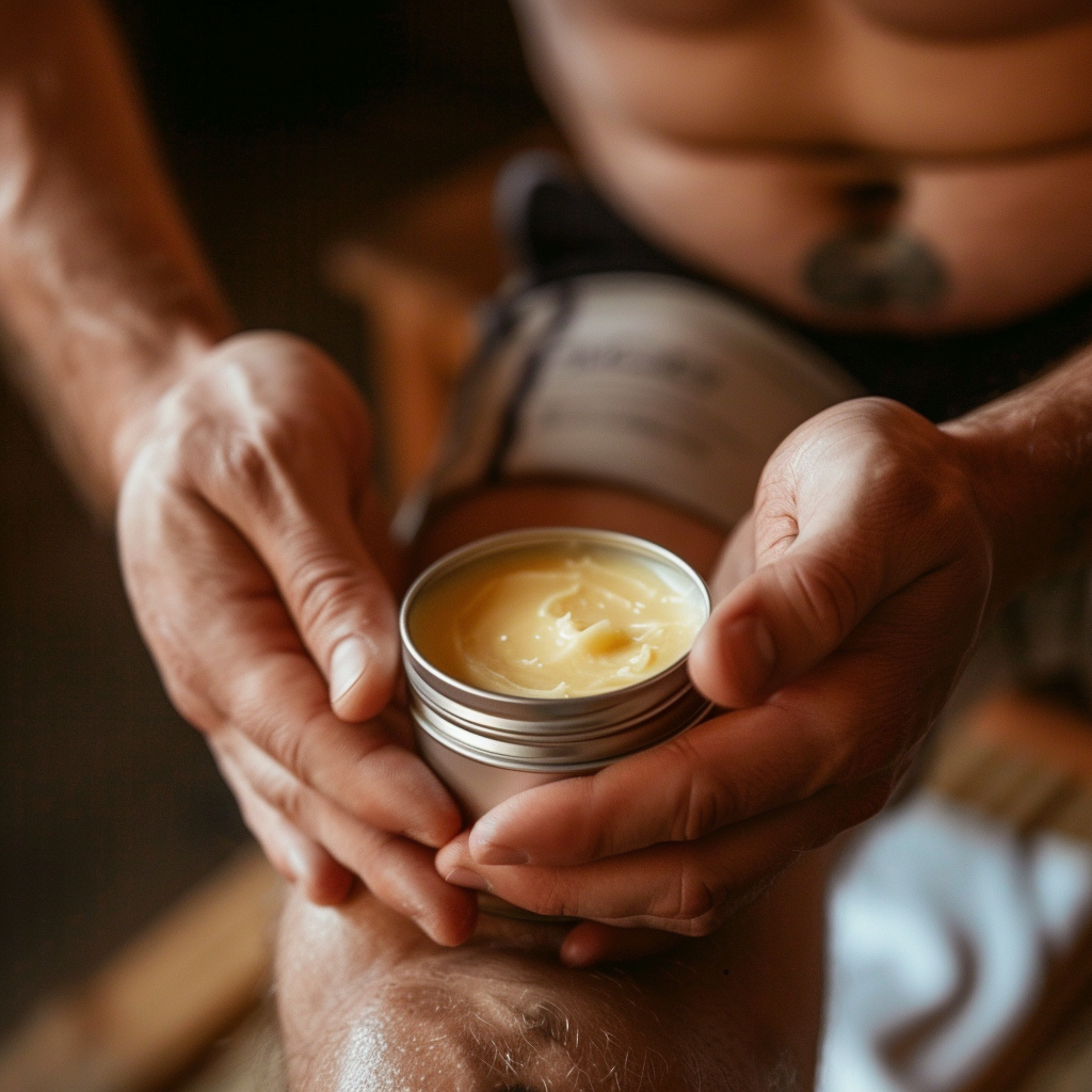 man applying muscle therapy after workout