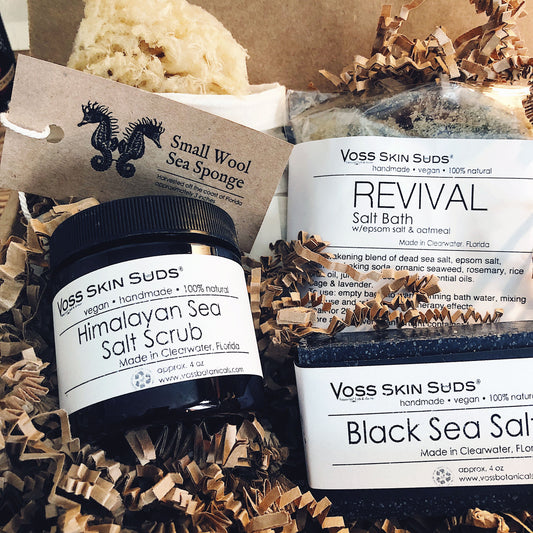 Ocean Salts Pamper Self Care Gift Box PRODUCT FOOTPRINTS Natural ingredients Phthalate, Sulfate, Petroleum & Paraben Free Vegan Free of Synthetic Fragrances Free of Synthetic Dyes GMO & Gluten-free Non Toxic Handmade Sustainable Innovation Made in the USA Cruelty Free Zero Waste Low Carbon Footprint eco friendly   Holiday care package gift box gift for her relaxation gift self care box self care gift box spa gift box spa gift set thank you gift box birthday gift new mom gift relaxing bath set