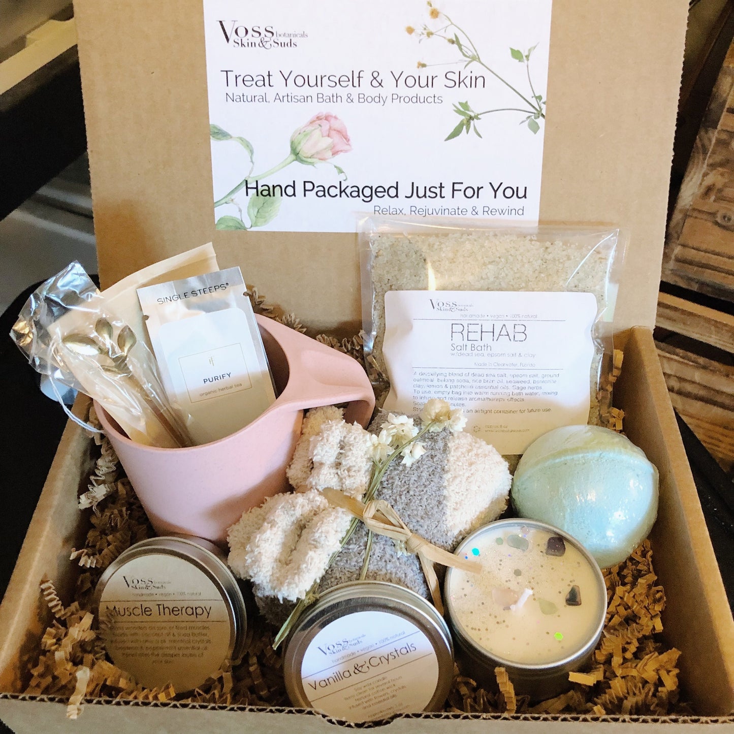Sending Hugs Care Package PRODUCT FOOTPRINTS Natural ingredients Phthalate, Sulfate, Petroleum & Paraben Free Vegan Free of Synthetic Fragrances Free of Synthetic Dyes GMO & Gluten-free Non Toxic Handmade Sustainable Innovation Made in the USA Cruelty Free Zero Waste Low Carbon Footprint eco friendly Holiday care package gift box gift for her relaxation gift self care box self care gift box spa gift box spa gift set thank you gift box birthday gift new mom gift relaxing bath set spa gift set spa kit