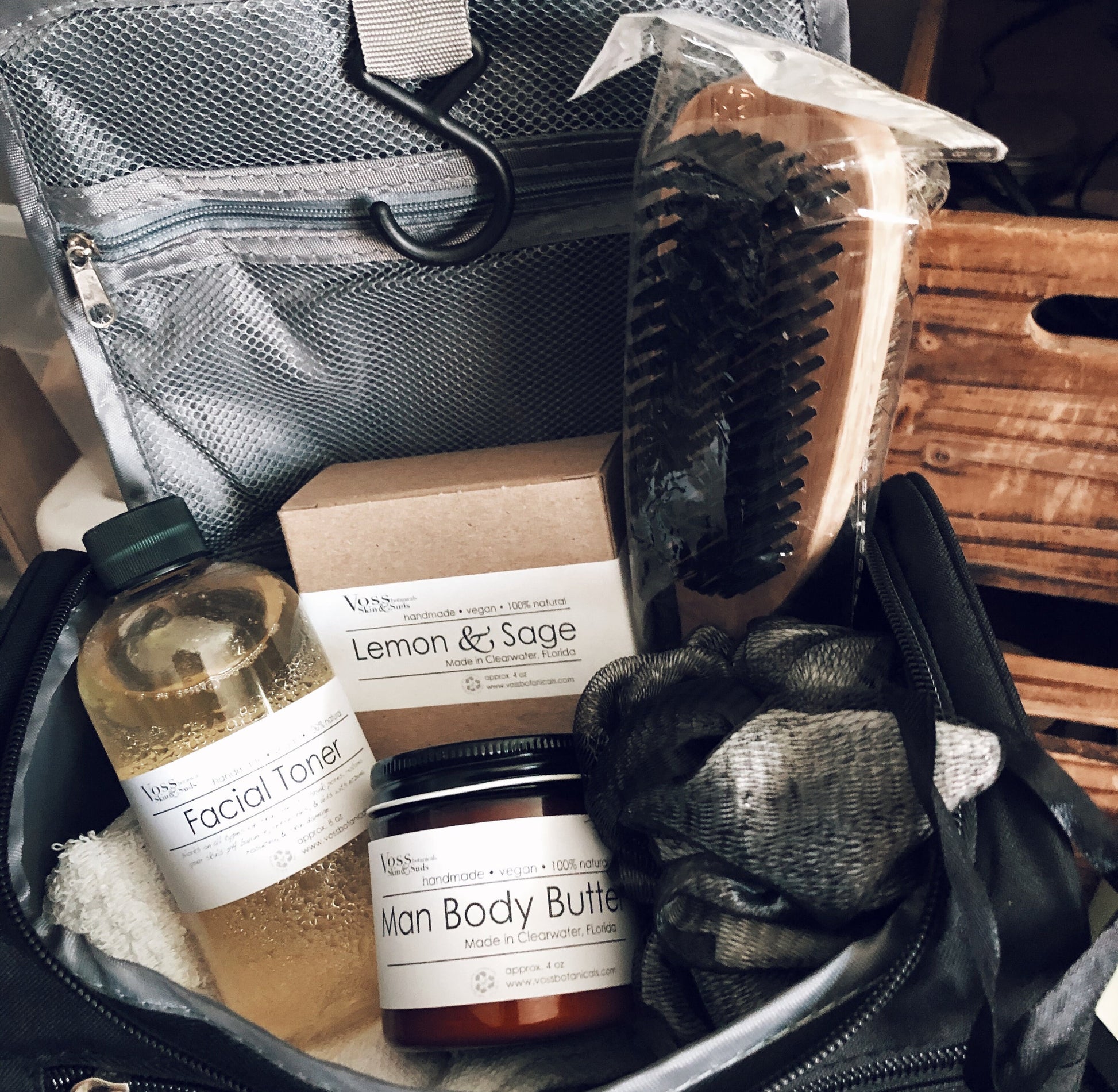 Men's Travel Bag with grooming supplies PRODUCT FOOTPRINTS Natural ingredients Phthalate, Sulfate, Petroleum & Paraben Free Vegan Free of Synthetic Fragrances Free of Synthetic Dyes GMO & Gluten-free Non Toxic Handmade Sustainable Innovation Made in the USA Cruelty Free Zero Waste Low Carbon Footprint eco friendly   Holiday care package gift box gift for him relaxation gift self care box self care gift box spa gift box spa gift set thank you gift box birthday gift  set spa gift set spa kit