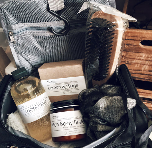 Men's Travel Bag with grooming supplies PRODUCT FOOTPRINTS Natural ingredients Phthalate, Sulfate, Petroleum & Paraben Free Vegan Free of Synthetic Fragrances Free of Synthetic Dyes GMO & Gluten-free Non Toxic Handmade Sustainable Innovation Made in the USA Cruelty Free Zero Waste Low Carbon Footprint eco friendly   Holiday care package gift box gift for him relaxation gift self care box self care gift box spa gift box spa gift set thank you gift box birthday gift  set spa gift set spa kit