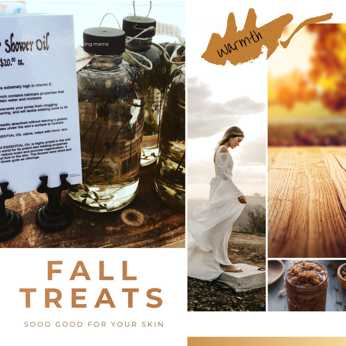 Voss Botanicals handcrafted botanical body and shower oils with natural ingredients on rustic wood for a moisturizing fall skincare ritual