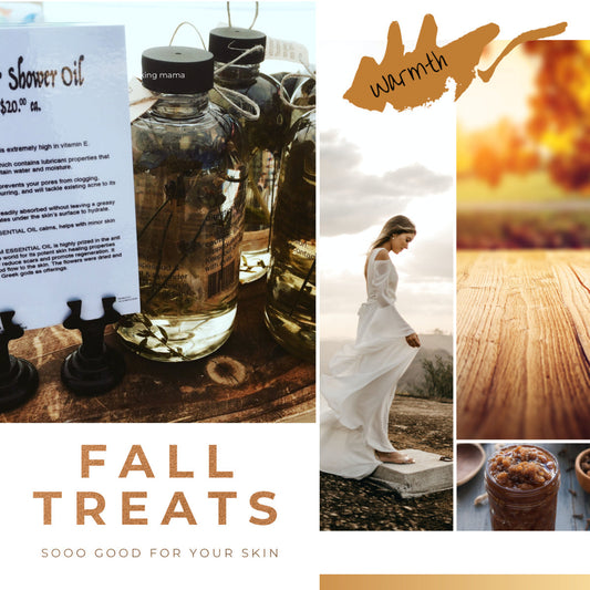 Voss Botanicals handcrafted botanical body and shower oils with natural ingredients on rustic wood for a moisturizing fall skincare ritual