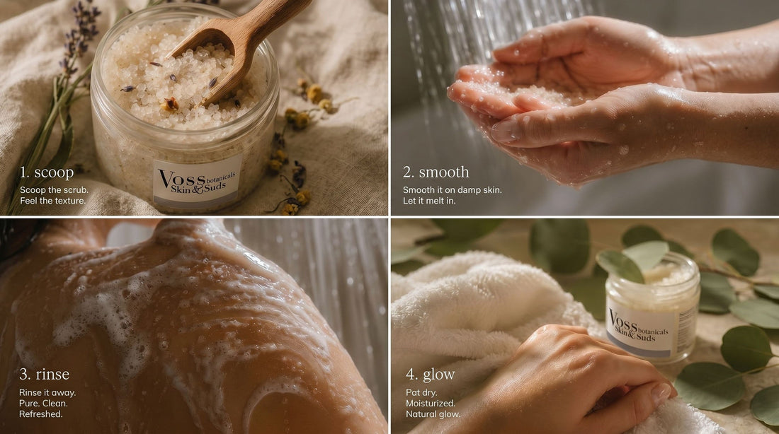 scoop, smooth, rinse, glow ASMR salt and sugar scrubs by Voss Botanicals