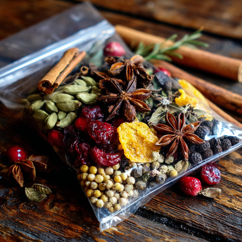 Assorted spices including cinnamon, star anise, and cardamom in a clear package on a wooden surface.