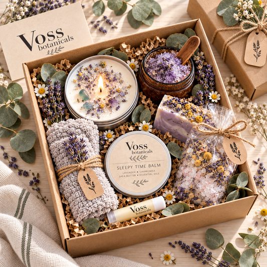 Handmade Spa Gift Box: Lavender Scrub, Soap, Balm and Vegan Candle, Fuzzy Socks, Lip Balm & Bath Salts