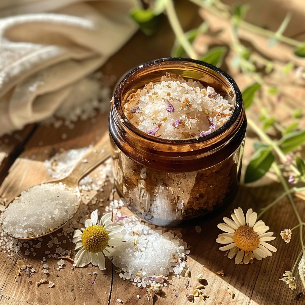 rose and chamomile dead sea salt scrub. 