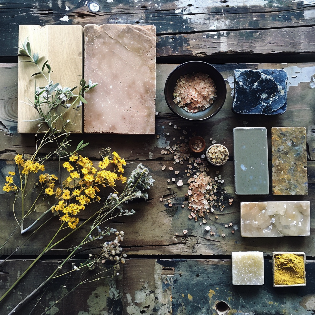 Natural Herbs, botanicals and flowers materials moodboard, minimalistic, energy and nature, An exuberant palette of vivid beige hues, sunshine yellow touches, rich cobalt blue shades, dark wood textures, glossy ink ceramic subway tiles, off white corral, black sea salt, himalayan sea salt and sparkling crystal stone elements