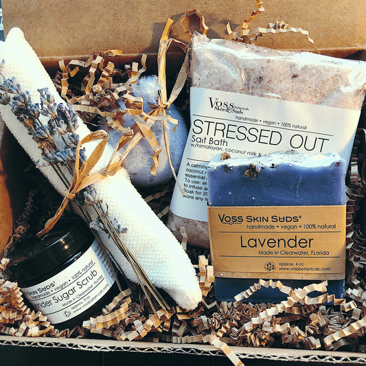 Lavender Spa Gift Box PRODUCT FOOTPRINTS Natural ingredients Phthalate, Sulfate, Petroleum & Paraben Free Vegan Free of Synthetic Fragrances Free of Synthetic Dyes GMO & Gluten-free Non Toxic Handmade Sustainable Innovation Made in the USA Cruelty Free Zero Waste Low Carbon Footprint eco friendly   Holiday care package gift box gift for her relaxation gift self care box self care gift box spa gift box spa gift set thank you gift box birthday gift new mom gift relaxing bath set spa gift set spa kit